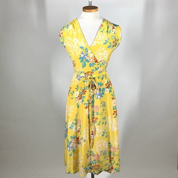 Yumi Kim Sleeveless Yellow Floral Print A-Line Silk Wrap Dress XXS Petite - Picture 1 of 11